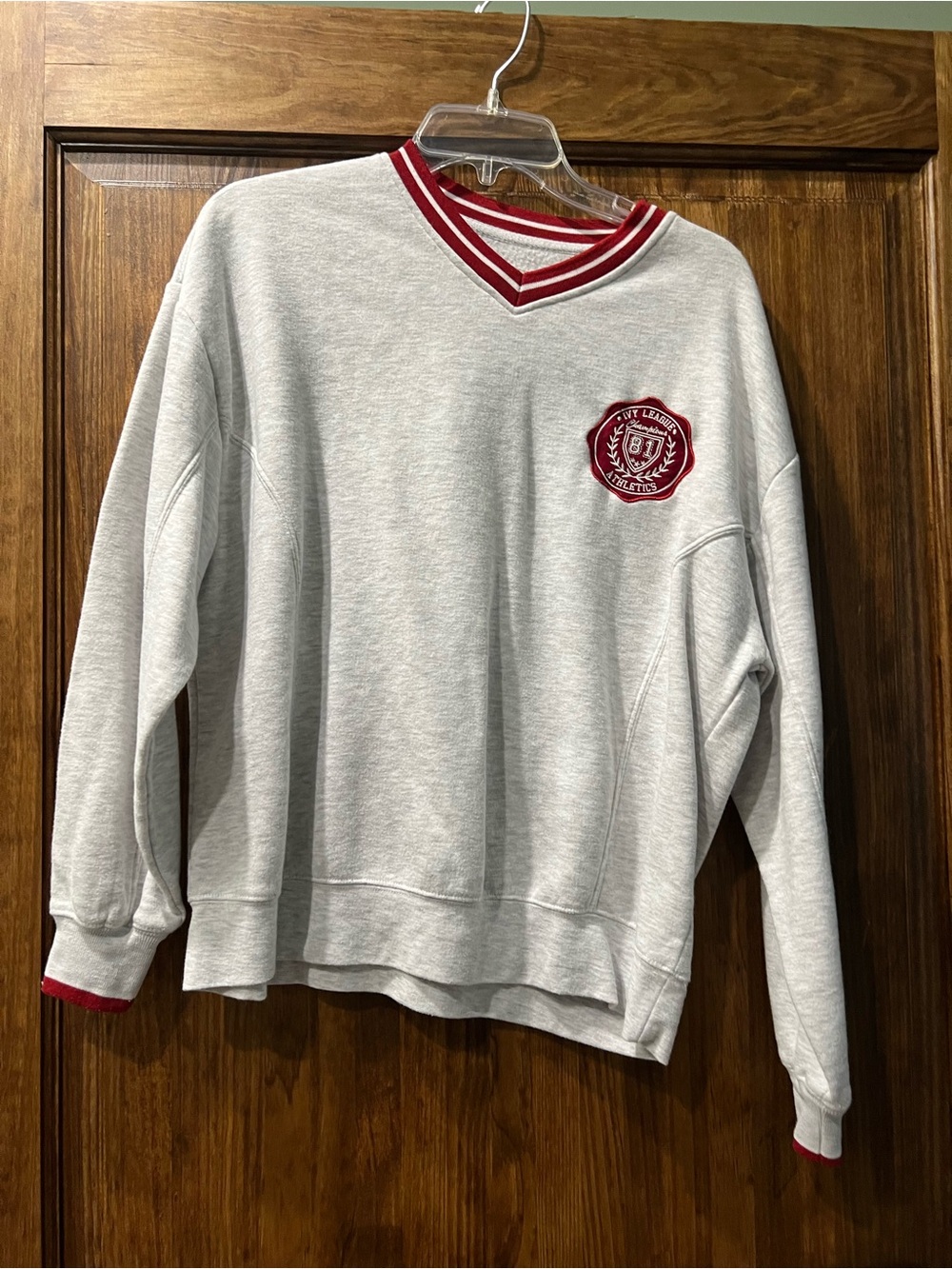 Womens Light Gray V-Neck Sweater with Red Trim